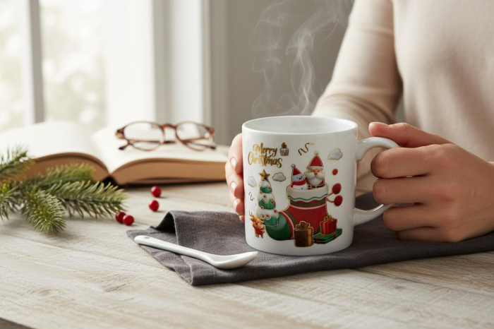 Set Cana Ceramica cu Lingurita, Tematica de Craciun, în Cutie Cadou – 14x14x8.5cm [2]