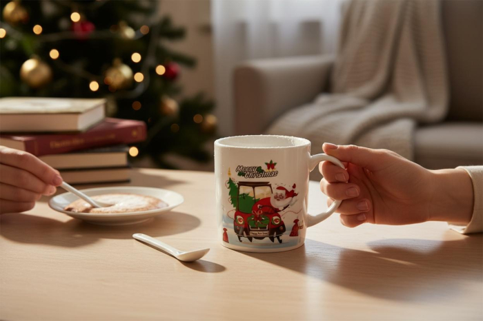 Set Cana Ceramica cu Lingurita, Tematica de Craciun, în Cutie Cadou – 14x14x8.5cm [2]