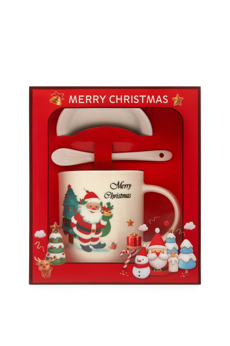 Set Cana Ceramica cu Lingurita si Farfuriuta, Tematica de Craciun, în Cutie Cadou –17.5x15x9cm [1]
