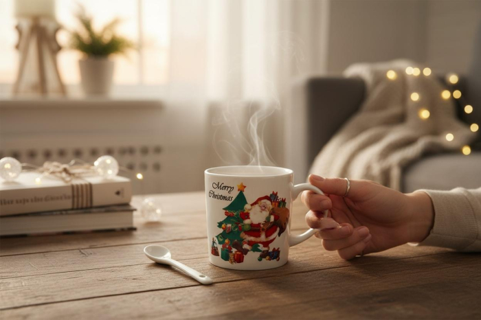 Set Cana Ceramica cu Lingurita, Tematica de Craciun, în Cutie Cadou – 14x14x8.5cm [2]