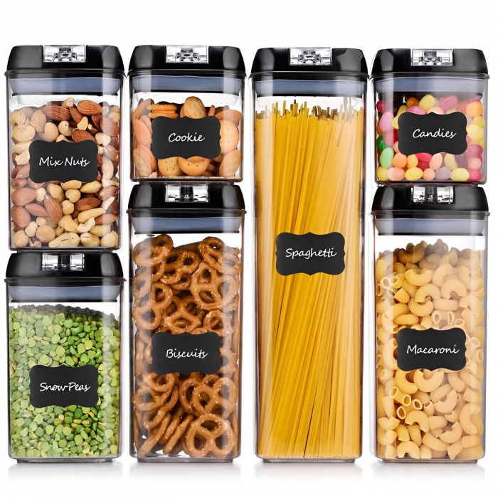 Set Cutii de Depozitare a Alimentelor, , 7 Recipiente, 10 Etichete Reutilizabile, 4 Linguri, pentru Bucatarie, Spatula, Etansare, Fara BPA, Transparente, Capac Negru [7]