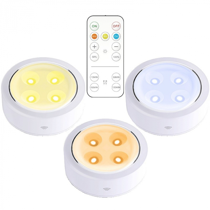 Set de 3 Lampi Led , Fara Fir, Cu Baterii, 3 Culori de Lumina, cu Telecomanda, din Plastic, Alb [2]