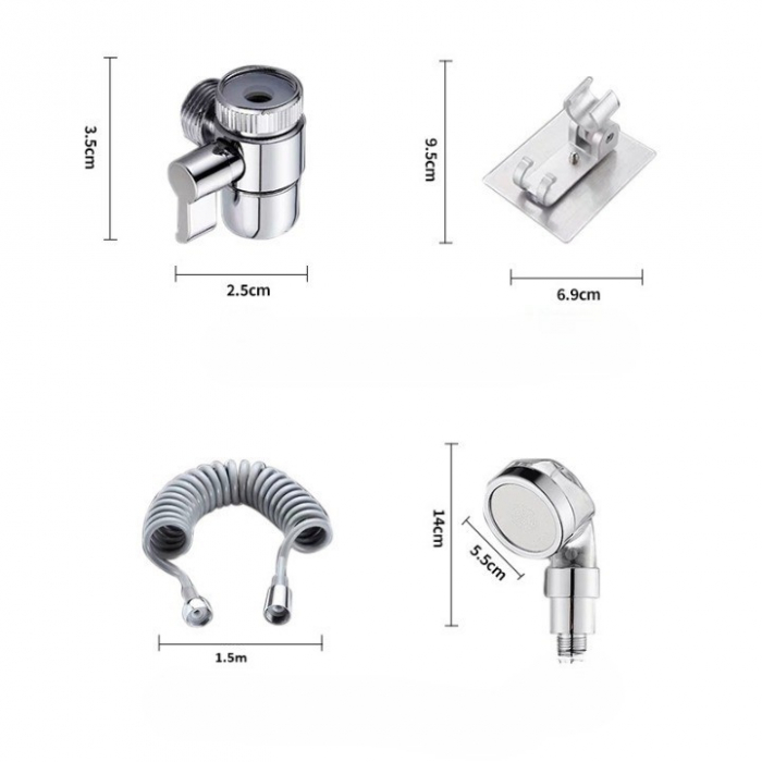 Set Extensie de Dus, , pentru Baterie Baie sau Bucatarie, 4 Piese, Filtru de Ioni Negativi, Furtun Flexibil de 1.5 Metri, Argintiu [12]