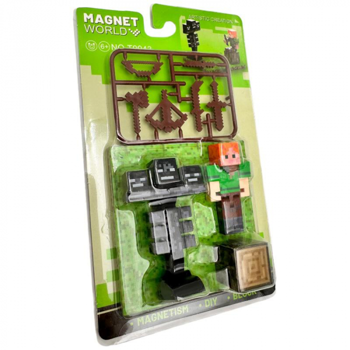 Set jucarie tip pixel cu figurina, animale, blocuri si arme – constructie magnetica pentru copii 6+ inspirata din jocuri video populare, ideal pentru colectionat si joaca creativa,  [6]