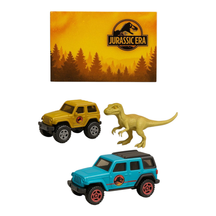 Set Jucarii Jurassic Era 3 Piese – 2 Masinute Off-Road si 1 Dinozaur – Plastic Multicolor [1]