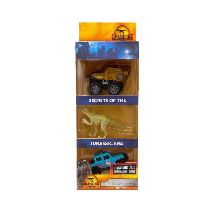 Set Jucarii Jurassic Era 3 Piese – 2 Masinute Off-Road si 1 Dinozaur – Plastic Multicolor [2]