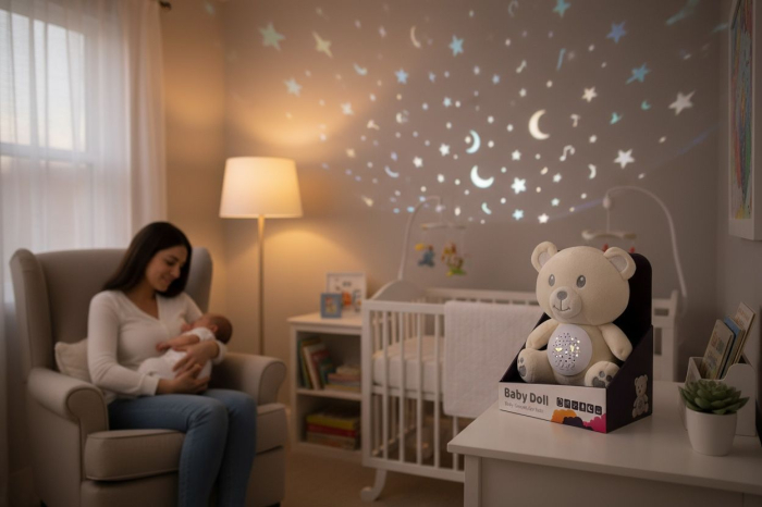 Jucarie de Plus cu Proiectie Luminoasa si Sunete Blânde – Ursulet Baby Doll,  26x20x14cm [2]