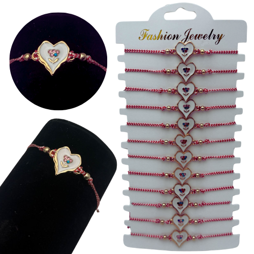 Set12 Bratari Martisor Inimioara cu o floricica, cu margele, snur reglabil  [3]