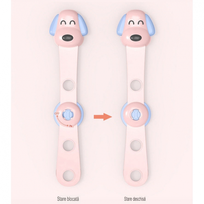 Siguranta pentru Usi Copii, , Sistem de Blocare Sertare, Dulap, Frigider, Adeziv, cu Sistem de Inchidere Dublu, Model Catelus, Roz [5]