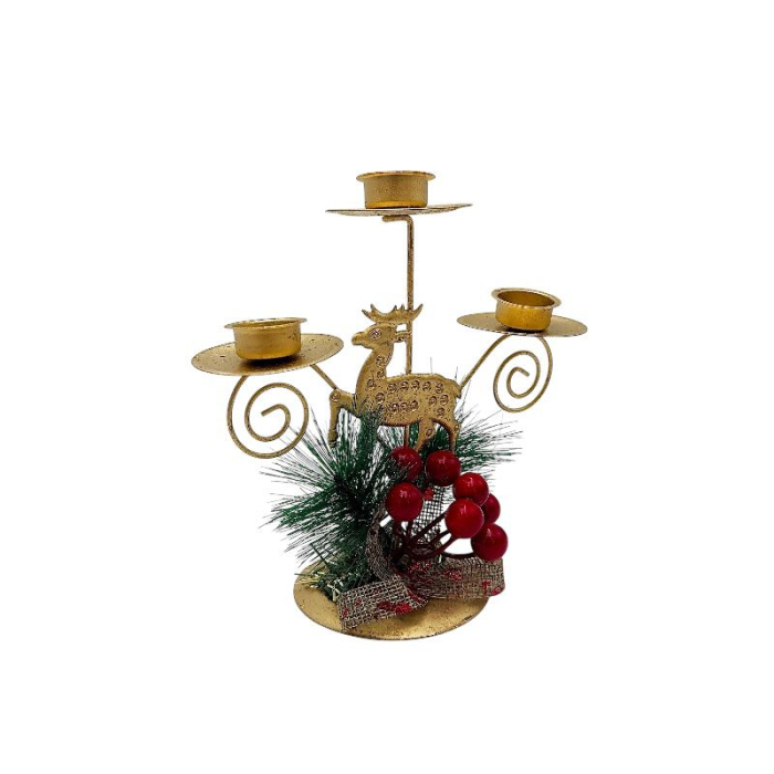 Sfesnic metalic Craciun cu ren auriu – 3 locuri pentru tealight, decor masa/semineu, 17x15.5cm [3]