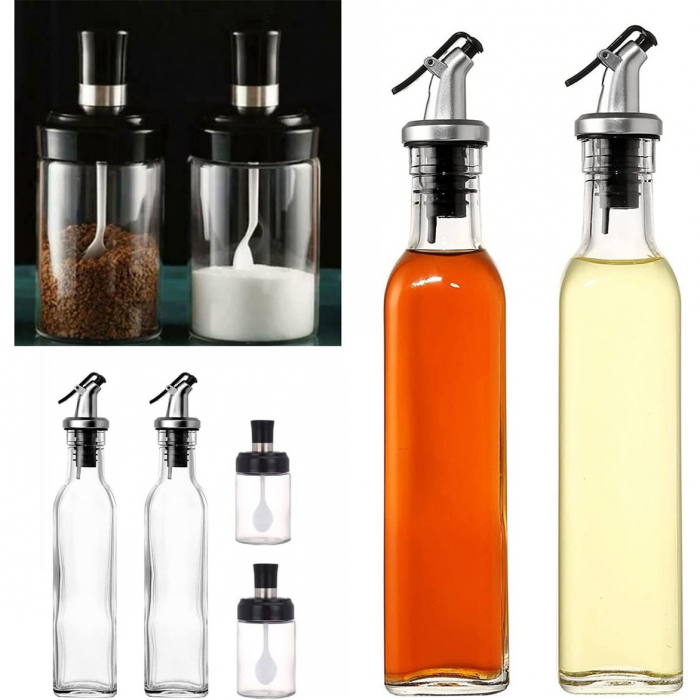 Sticle si Borcane de Ulei de Masline, , Dozator Set 4 Bucati, 2 Sticle cu Dispenser 500 ml/buc, 2 Borcane pentru Condimente cu Capac si Lingura 120ml/buc, Transparent [6]