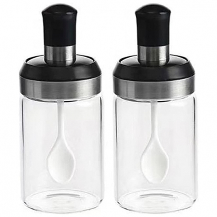 Sticle si Borcane de Ulei de Masline, , Dozator Set 4 Bucati, 2 Sticle cu Dispenser 500 ml/buc, 2 Borcane pentru Condimente cu Capac si Lingura 120ml/buc, Transparent [4]