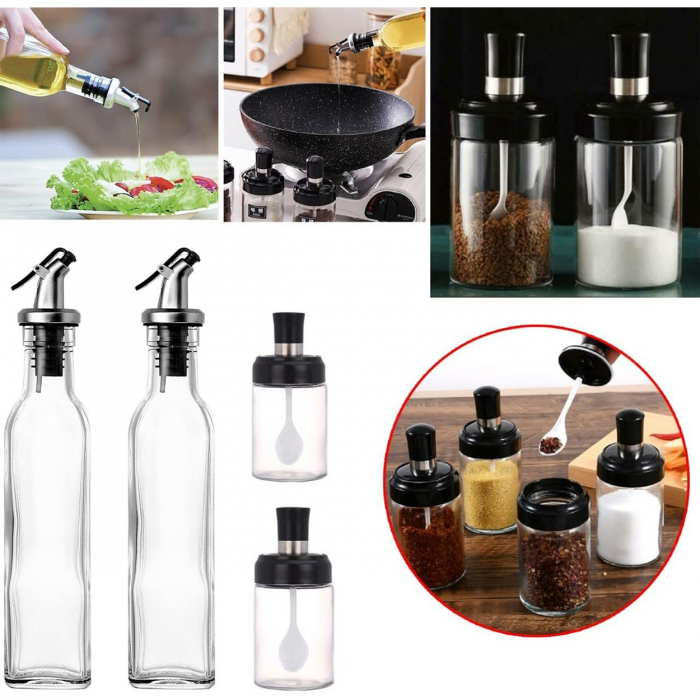 Sticle si Borcane de Ulei de Masline, , Dozator Set 4 Bucati, 2 Sticle cu Dispenser 500 ml/buc, 2 Borcane pentru Condimente cu Capac si Lingura 120ml/buc, Transparent [2]