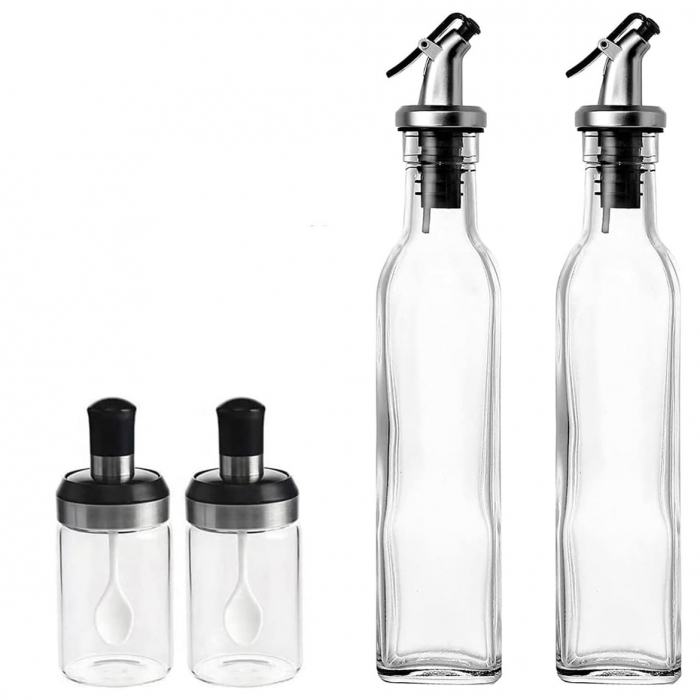 Sticle si Borcane de Ulei de Masline, , Dozator Set 4 Bucati, 2 Sticle cu Dispenser 500 ml/buc, 2 Borcane pentru Condimente cu Capac si Lingura 120ml/buc, Transparent [1]