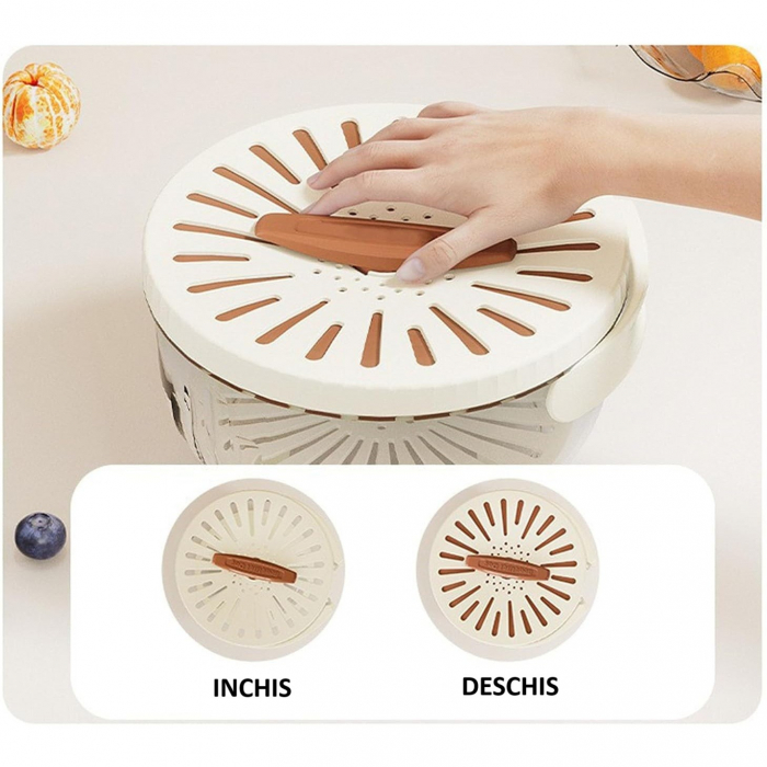 Strecuratoare 2 in 1 pentru Fructe si Legume, , Cos de Scurgere si Cutie de Depozitare, 15.5 x 8.3 cm, din PP, cu Maner si Capac, Maro [3]