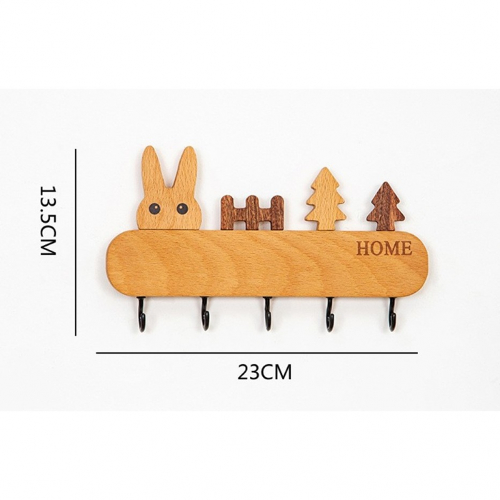 Suport pentru Chei, , din Lemn, Aplicare fara Perforare, Adeziv Inclus, 5 Carlige Negre, Model Iepure, Greutate Suportata 5 kg, 13.5 x 22 cm, Maro [2]
