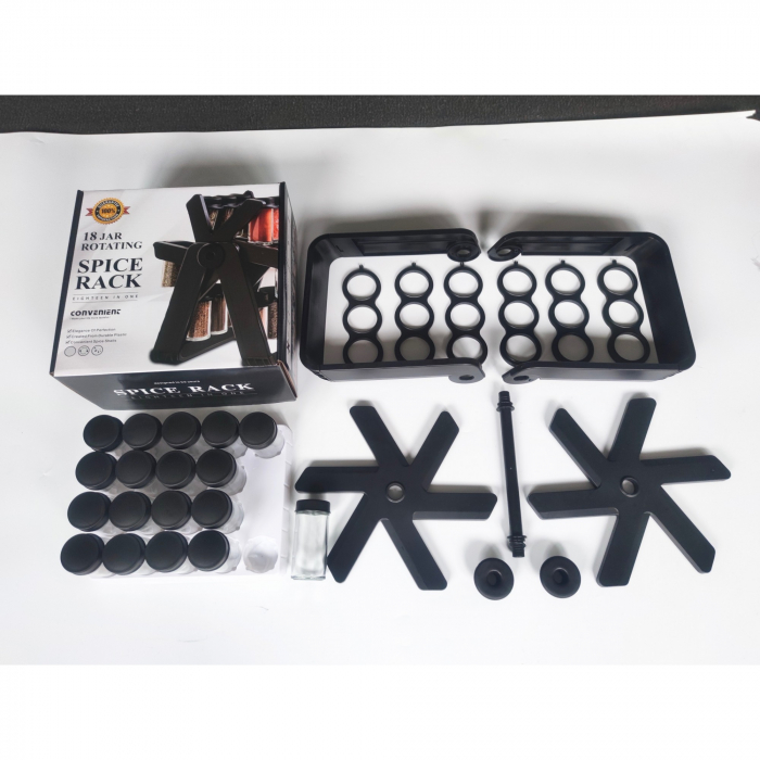 Suport Pentru Condimente Rotativ, , Multifunctional, Pivotant 360°, Portabil, Usor de Montat, 34x23 cm, ABS/Sticla, Negru [3]