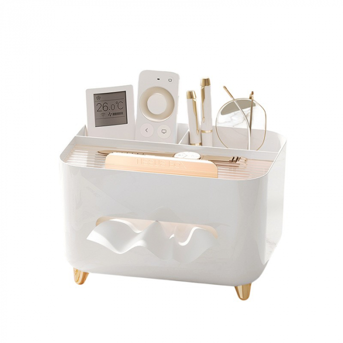 Suport pentru Servetele, , Cutie Multifunctionala, Design Minimalist, ABS, cu Suport pentru Obiectele Personale, pentru Birou, 21x15x13 cm, Alb [1]