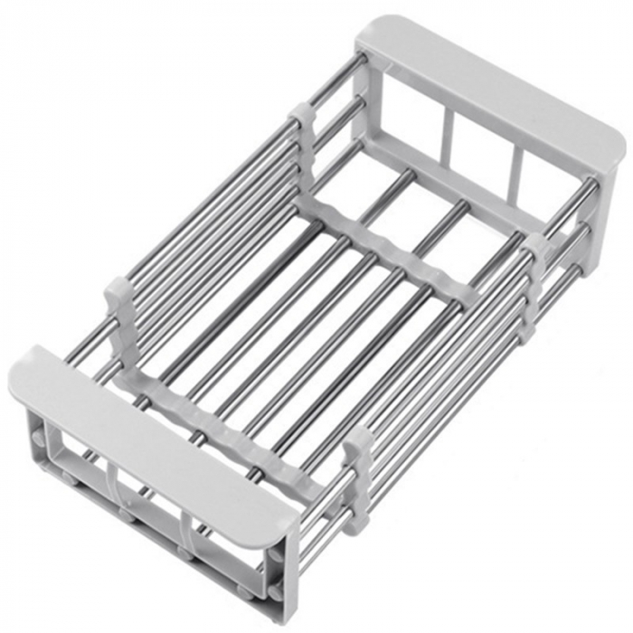 Suport Scurgere Extensibil pentru Bucatarie, , Uscator Vase din Otel Inoxidabil, Suport Tacamuri si Pahare, Suport pentru Fructe si Legume, 24.5 x 16.5 x 9.5 cm Gri deschis [1]