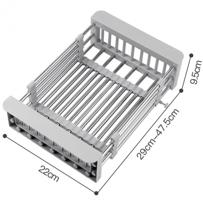 Suport Scurgere Extensibil pentru Bucatarie, , Uscator Vase din Otel Inoxidabil, Suport Tacamuri si Pahare, Suport pentru Fructe si Legume, 29 x 22 x 9.5 cm Gri [2]