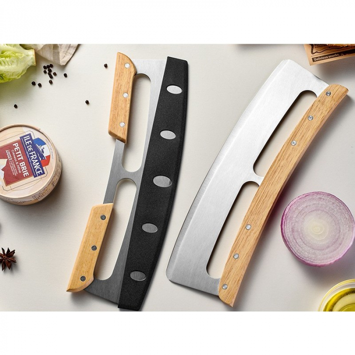 Taietor Feliator de Pizza, , din Otel Inoxidabil, cu Capac, Maner din Doua Bucatie, din Lemn, Antialunecare, Lama Neteda si Ascutita, 34x10 cm, Maro [5]