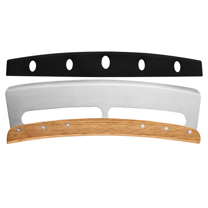 Taietor Feliator de Pizza, , din Otel Inoxidabil, cu Capac, Maner din Lemn, Antialunecare, Lama Neteda si Ascutita, 34x10 cm, Maro [1]