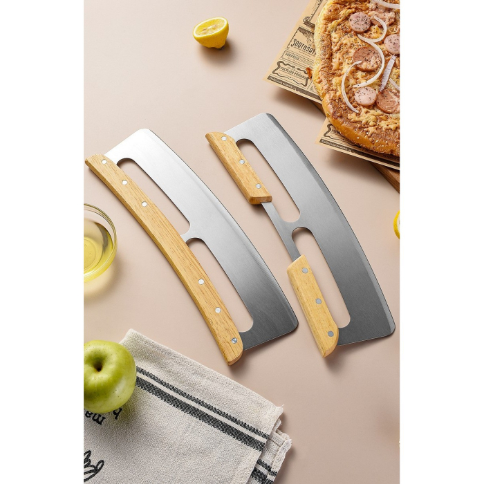 Taietor Feliator de Pizza, , din Otel Inoxidabil, cu Capac, Maner din Lemn, Antialunecare, Lama Neteda si Ascutita, 34x10 cm, Maro [6]