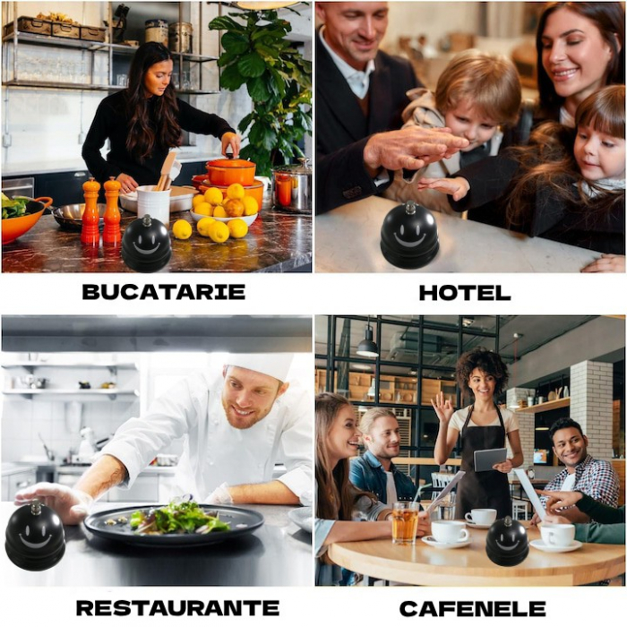 Clopotel Metalic Multifunctional, , Negru cu Imprimeu Smiley Face, 7.5x7.5x6.5 cm, Receptie, Restaurant, Cafenele [2]