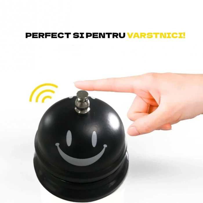 Clopotel Metalic Multifunctional, , Negru cu Imprimeu Smiley Face, 7.5x7.5x6.5 cm, Receptie, Restaurant, Cafenele [4]