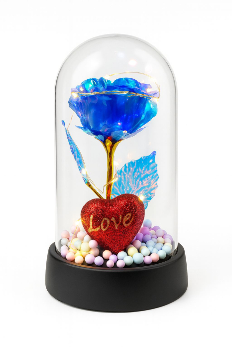 Trandafir Etern in Cupola Plastic 15 cm Lumini LED – Albastru Baterii Incluse Decor Romantic [3]