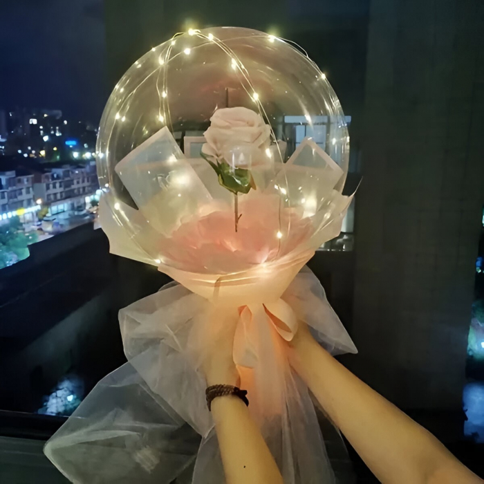 Trandafir in Balon LED cu Lumini, , Tip Buchet, Diametru 35 cm, Roz [2]