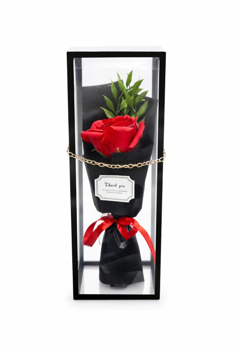 Trandafir Spuma Rosu in Cutie Decorativa Neagra Transparenta 26cm [3]