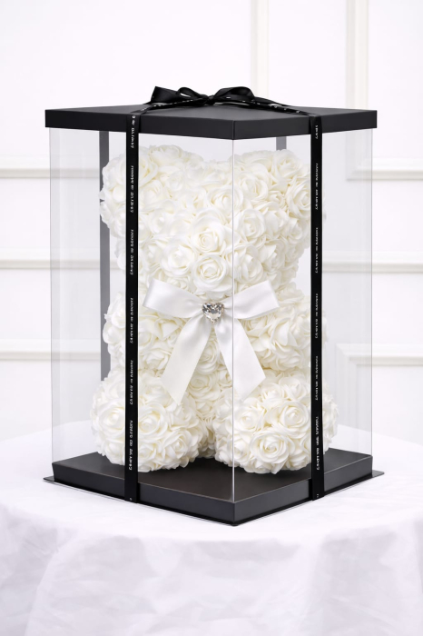 Urs din trandafiri artificiali albi din spuma poliuretanica, in cutie transparenta [2]