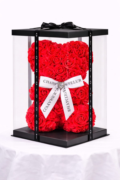Urs din trandafiri artificiali rosii din spuma poliuretanica, in cutie transparenta [2]