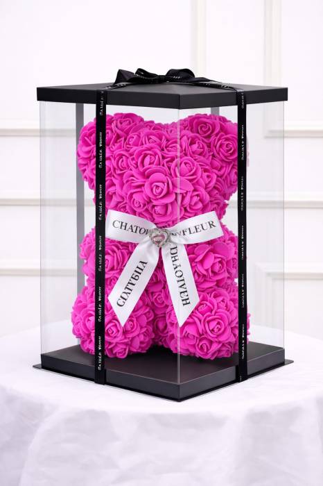 Urs din trandafiri artificiali roz din spuma poliuretanica, in cutie transparenta [2]