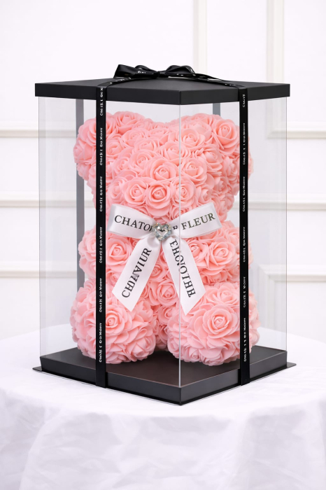 Urs din trandafiri artificiali roz somon din spuma poliuretanica, in cutie transparenta [2]