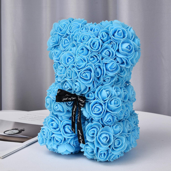 Ursulet decorativ Albastru 23cm din trandafiri spuma cu fundita si cutie cadou [1]