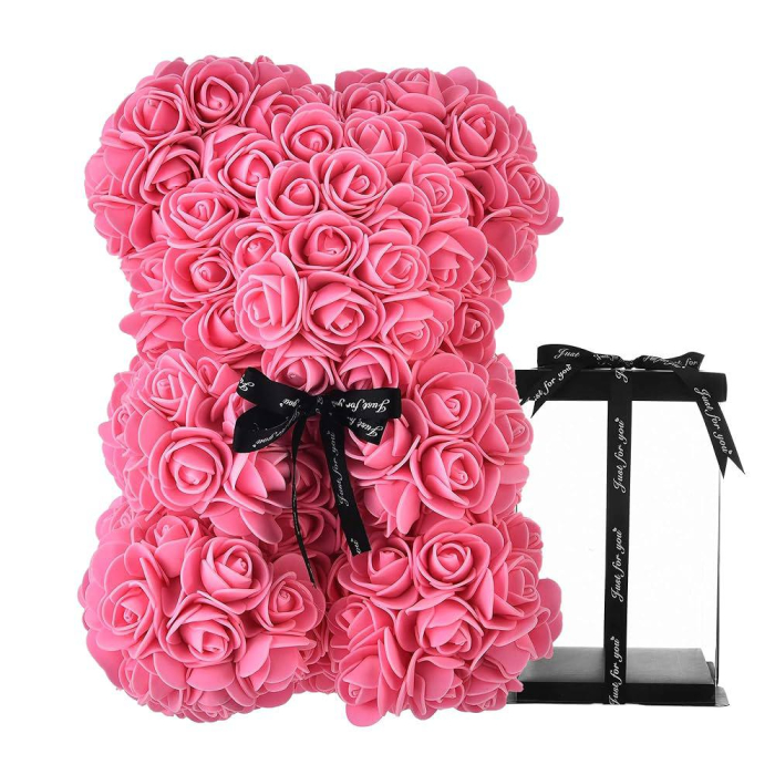 Ursulet decorativ Fucsia 23cm din trandafiri spuma cu fundita si cutie cadou [1]