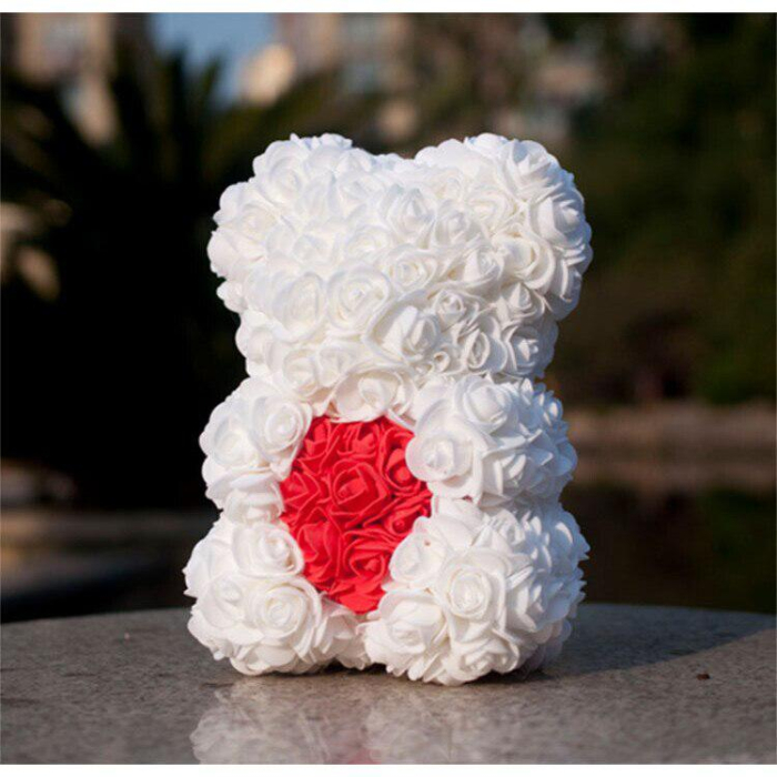 Ursulet decorativ Alb cu inimioara rosie 23cm din trandafiri spuma si cutie cadou cu panglică [2]