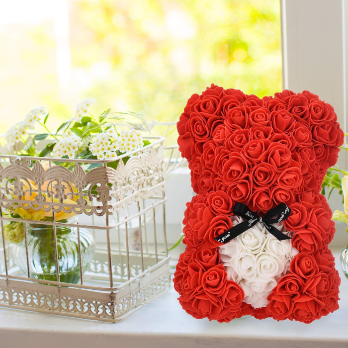 Ursulet decorativ Rosu cu inimioara alba 23cm din trandafiri spuma si cutie cadou cu panglică [3]