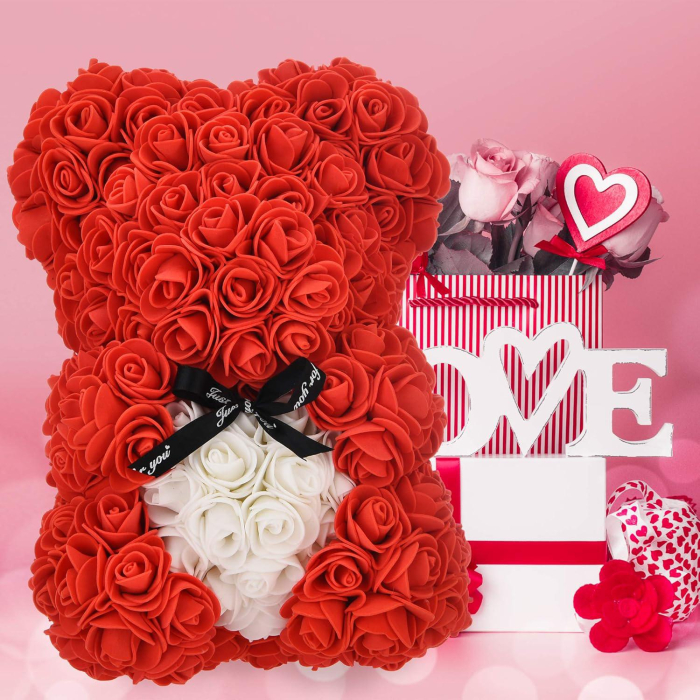 Ursulet decorativ Rosu cu inimioara alba 23cm din trandafiri spuma si cutie cadou cu panglică [2]