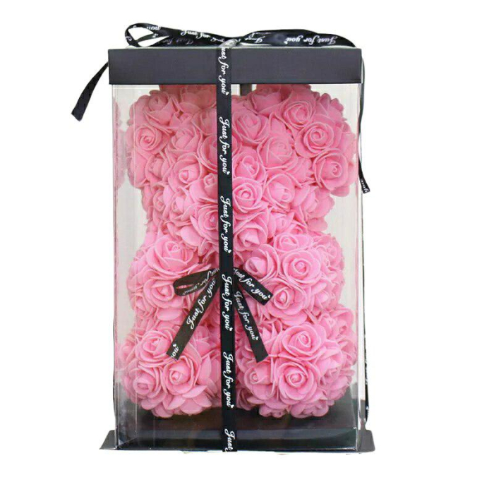 Ursulet decorativ Roz 23cm din trandafiri spuma cu fundita si cutie cadou [2]
