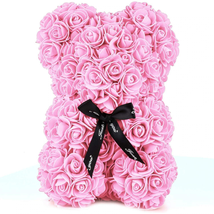 Ursulet decorativ Roz 23cm din trandafiri spuma cu fundita si cutie cadou [1]