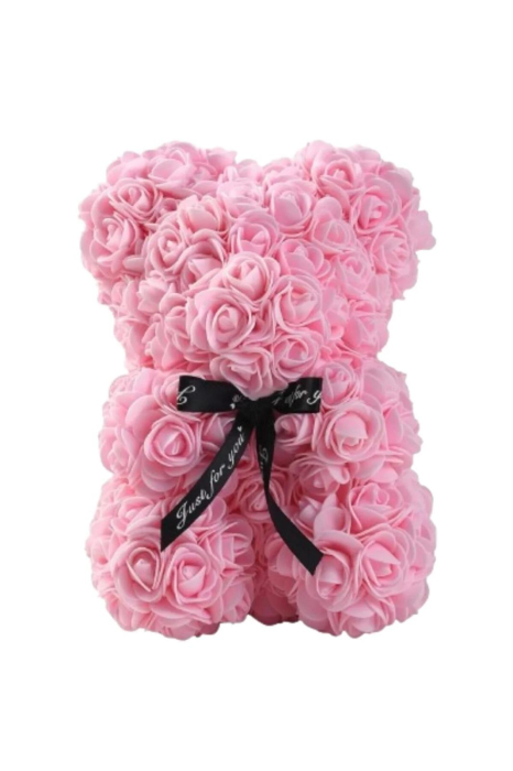 Ursulet decorativ Roz 23cm din trandafiri spuma cu fundita si cutie cadou [3]