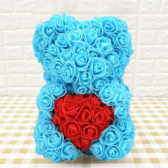 Ursulet decorativ Albastru cu inimioara rosie 23cm din trandafiri spuma si cutie cadou cu panglică - Copie - Copie [2]