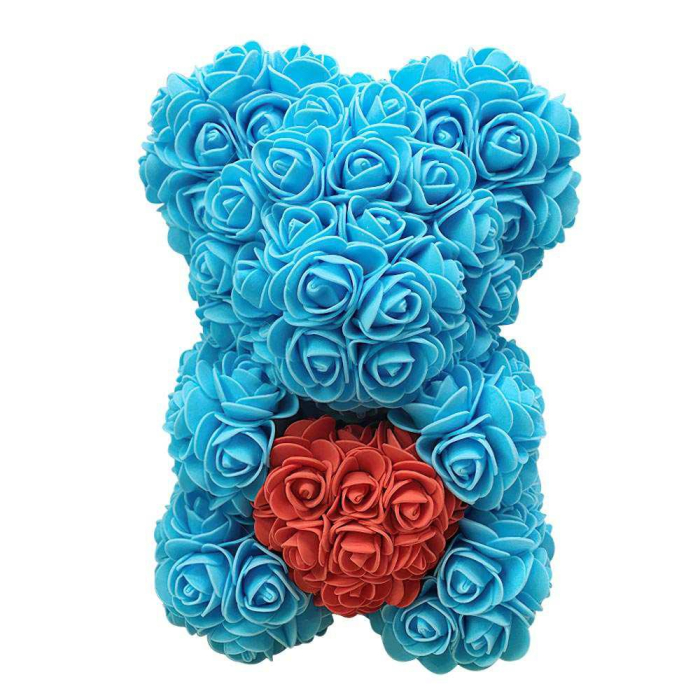 Ursulet decorativ Albastru cu inimioara rosie 23cm din trandafiri spuma si cutie cadou cu panglică - Copie - Copie [3]
