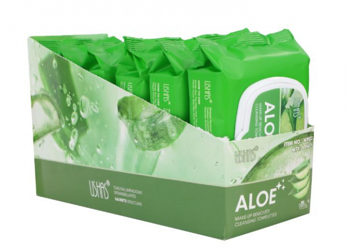 USHAS Aloe Vera Make-Up Remover Cleansing Towelettes – Șervețele Demachiante cu Aloe Vera pentru Curățare Delicată, 30 Bucăți  [3]