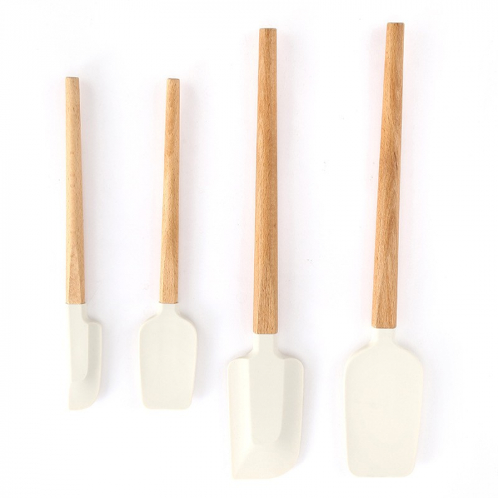 Ustensile de Bucatarie, , Set din 4 bucati, din Silicon si Lemn, Spatule de Diferite Dimensiuni, Termo rezistente, Antiaderente, Instrument de Amestecat in Bucatarie, Alb-Maro [1]