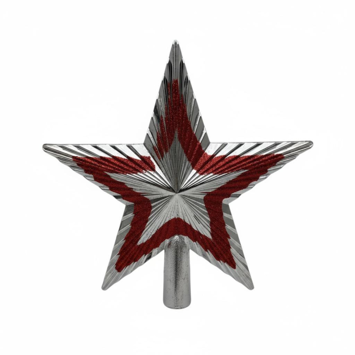 Varf brad stea argintie cu model rosu pentru decoratiuni Craciun, 19.5x19.5cm [2]