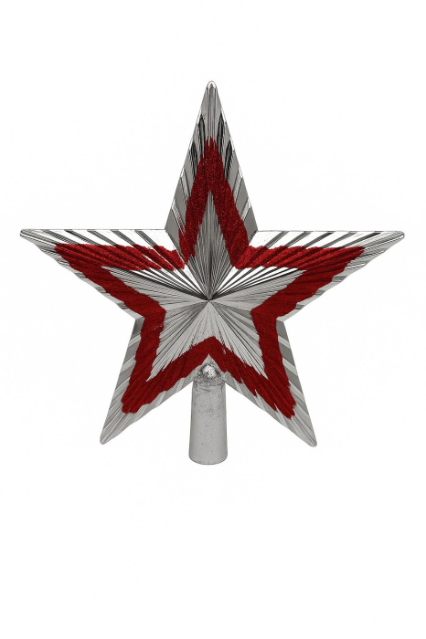 Varf brad stea argintie cu model rosu pentru decoratiuni Craciun, 19.5x19.5cm [1]